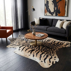 Genuine tiger print cowhide rug in natural hide shape