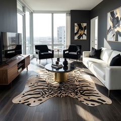 Tiger print cowhide floor rug for modern statement interiors