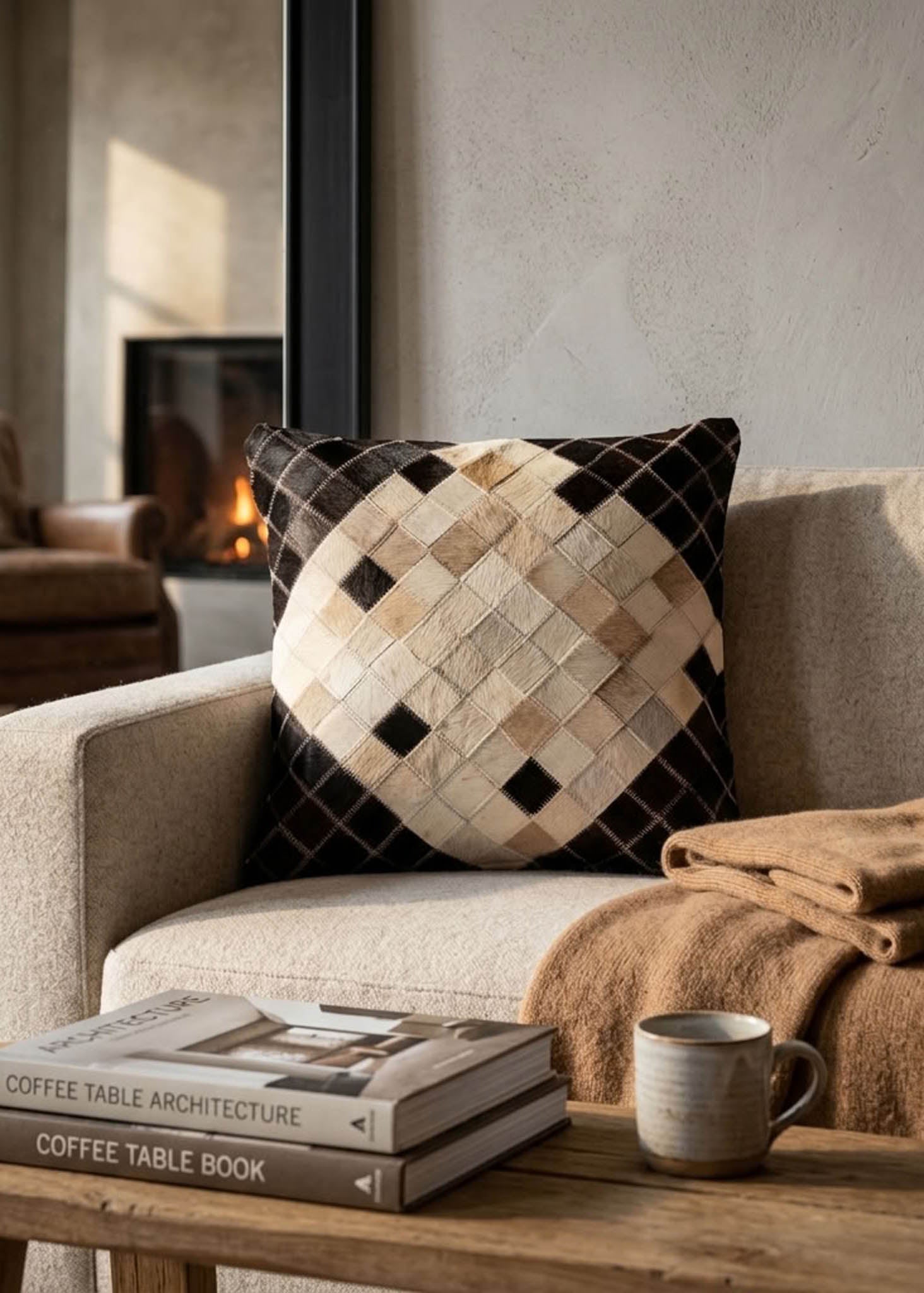 Black and ivory cowhide patchwork cushion with diamond design styled on a neutral armchair