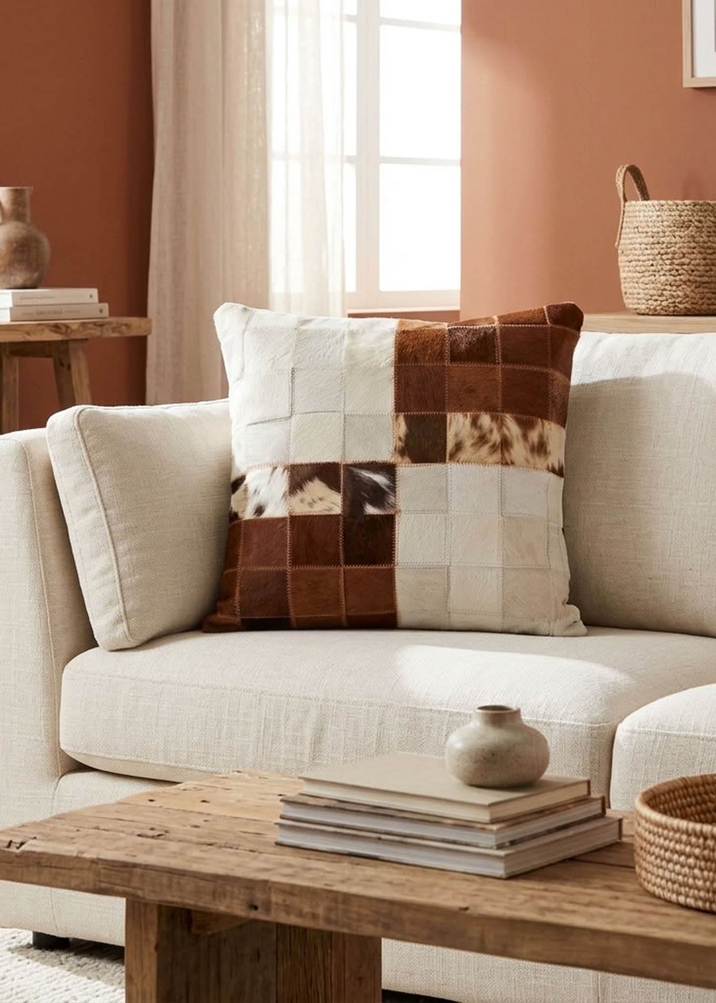 Brown and white color block cowhide cushion styled on a cream sofa in a warm neutral interior