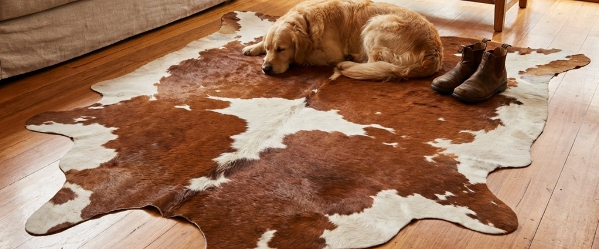 Brown and white cowhide rug in Australian living room