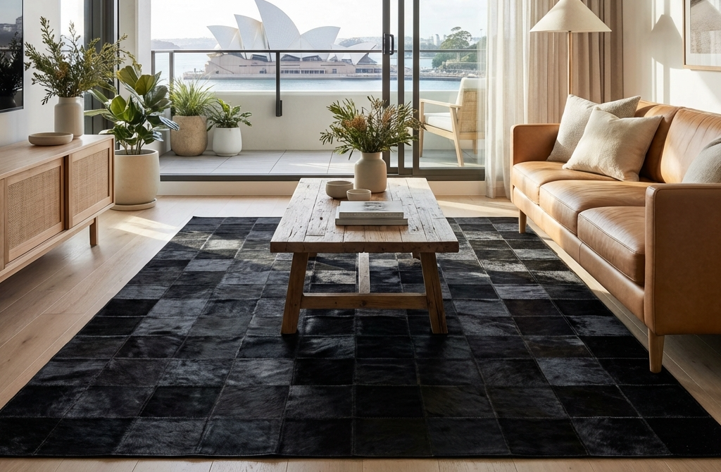 genuine cowhide leather patchwork rug floor decor
