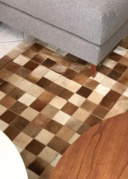 Reddish And Beige Block Cowhide Patchwork Rug