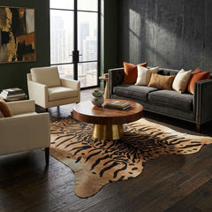 Dark tan tiger printed cowhide floor rug for statement interiors
