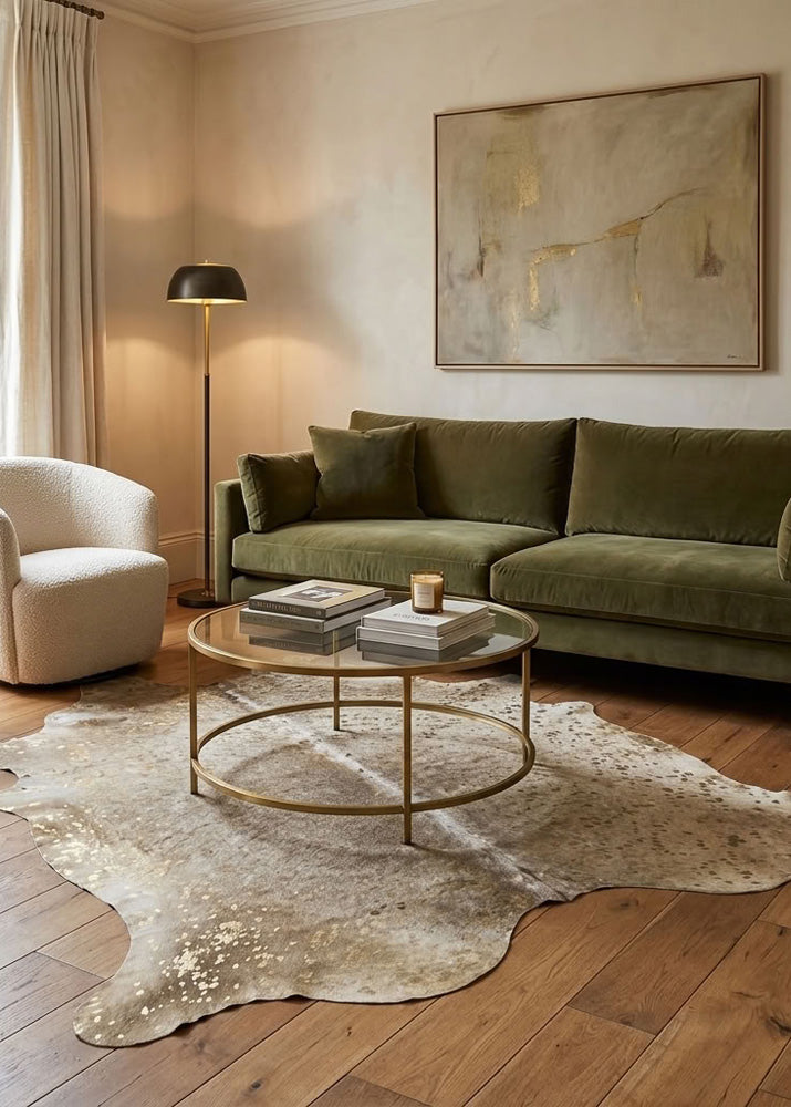 gold acid washed cowhide rug in living room