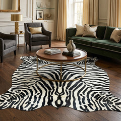 zebra print cowhide rug in the living room