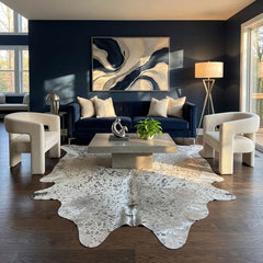 Metallic silver cowhide floor rug for contemporary interiors