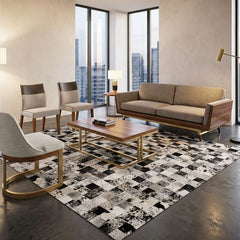 Square Block Salt & Pepper Black Cowhide Patchwork Rug