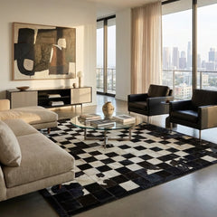 cowhide patchwork rug in chess block pattern in black and white