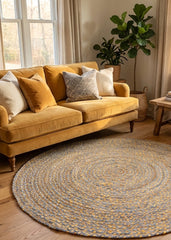 Yellow & Grey Handmade Jute Round Rug