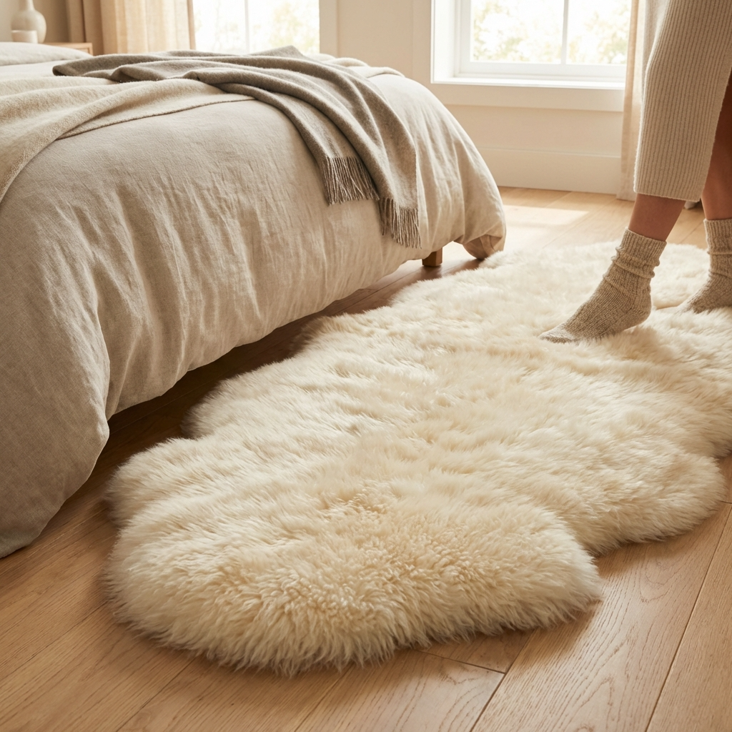Genuine New Zealand sheepskin rugs in a warm neutral interior