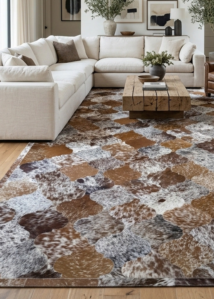 salt and pepper cowhide patchwork in living room