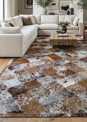 salt and pepper cowhide patchwork in living room