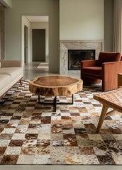 cowhide patchwork rug in modern living room