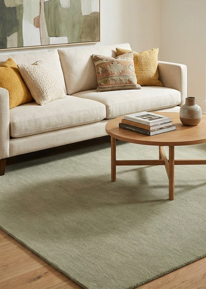 Hand tufted light green wool rug in living room 