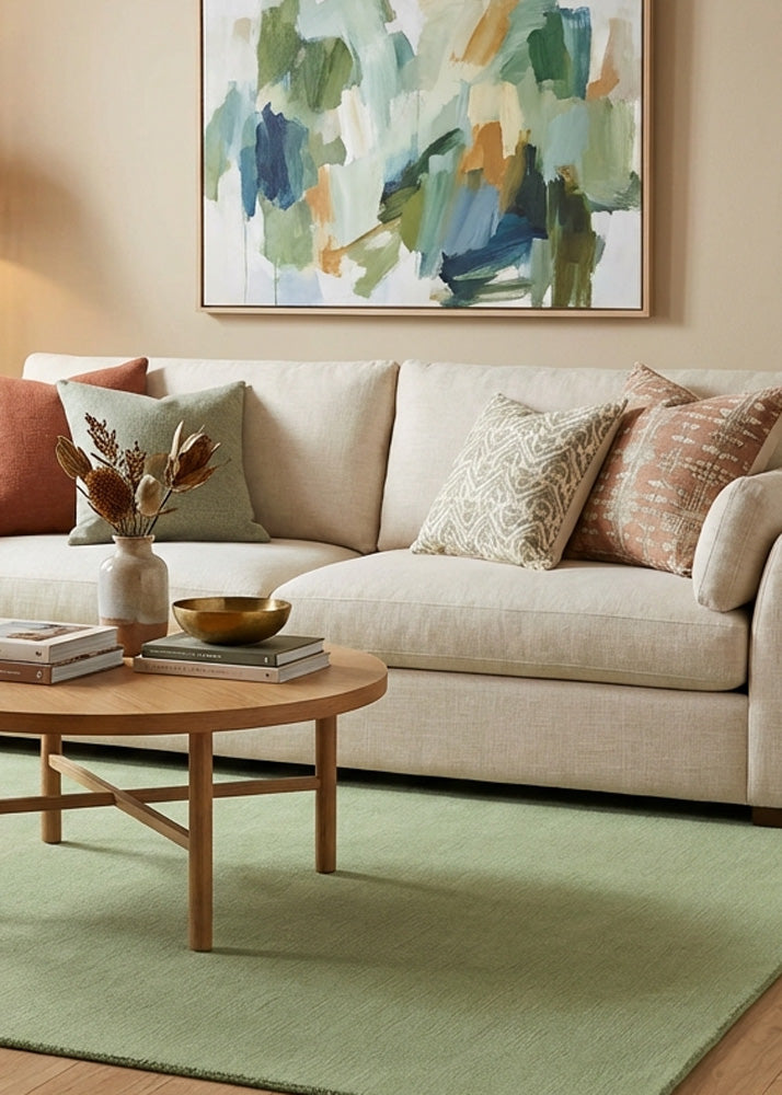 Sage green wool rug in modern living room