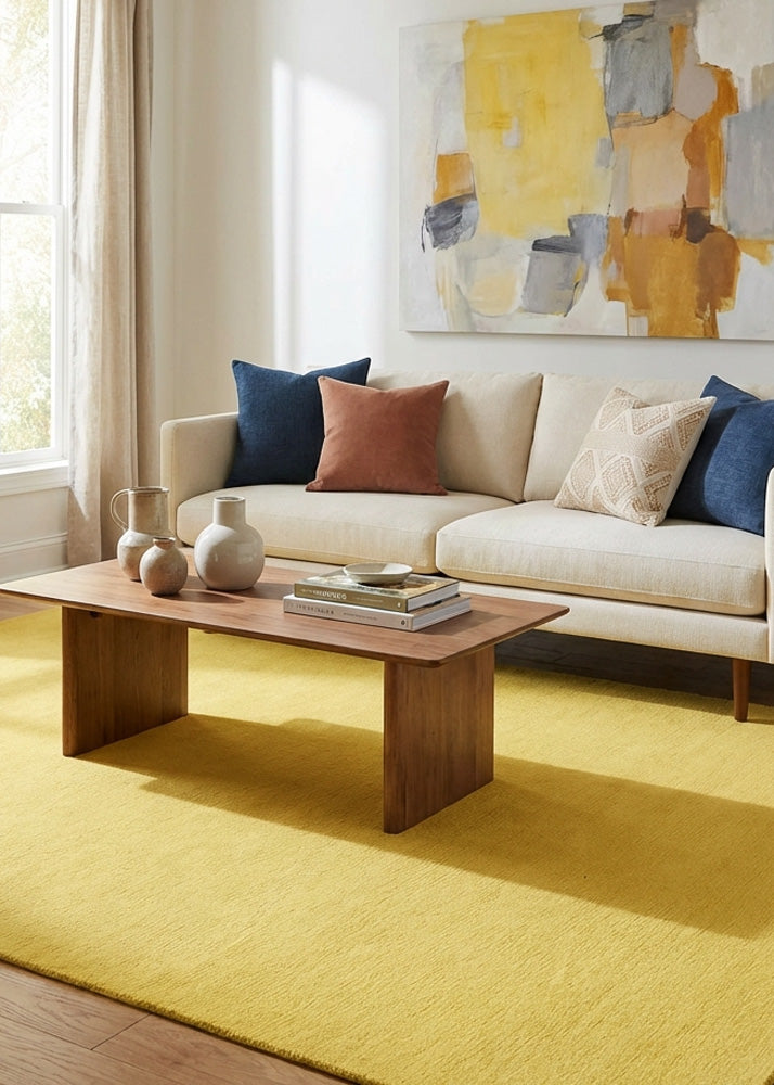 Lemon yellow wool rug in modern living room