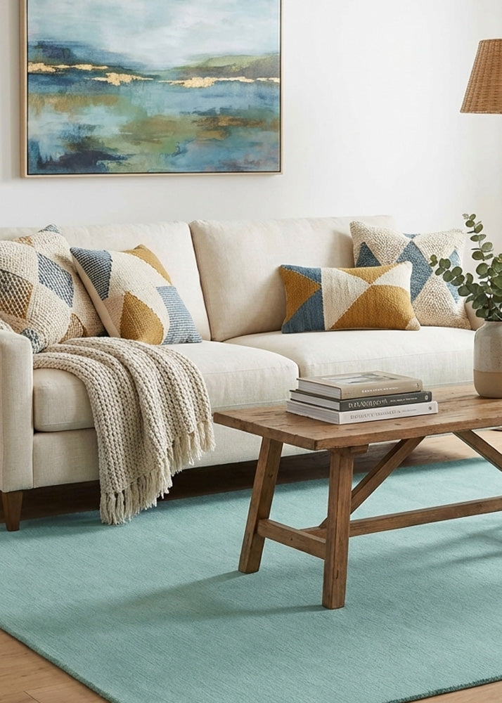 sky blue wool tufted rug in living room