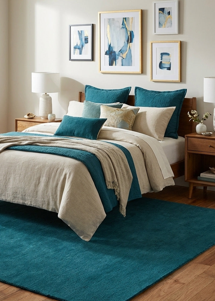 Blue wool rug in modern bedroom
