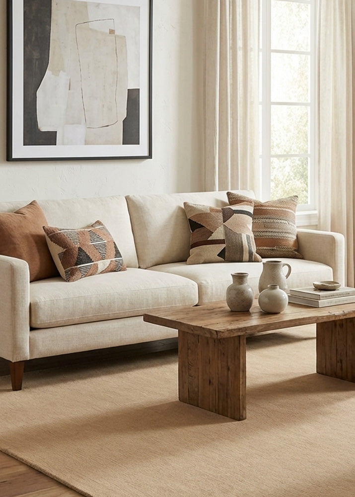 Beige wool rug in living room