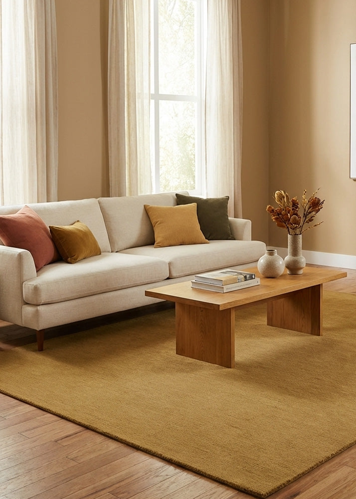 Earthy beige wool rug in modern living room