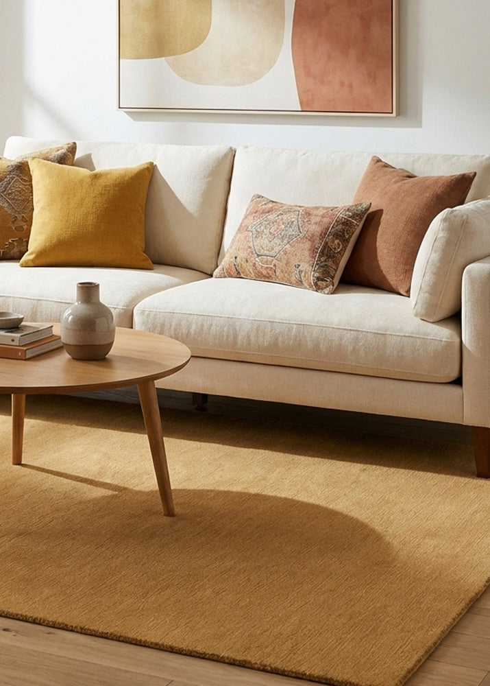 Earthy wool rug in living room