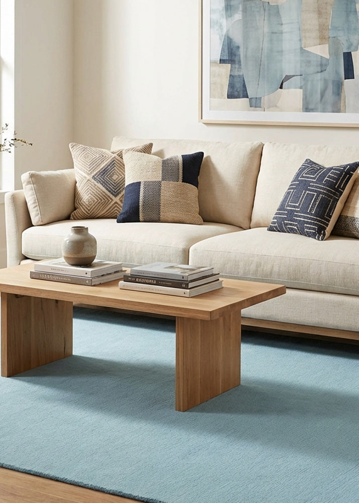 Pastel sky blue wool rug in living room