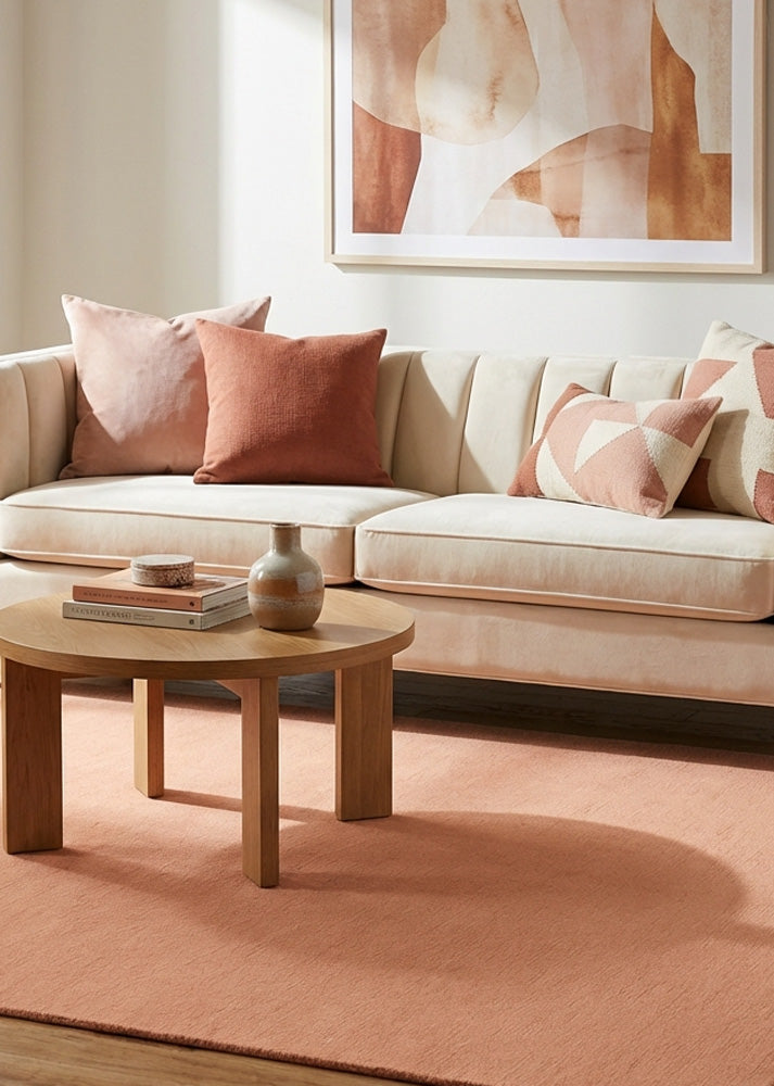 Hand tufted peach wool rug in modern living room