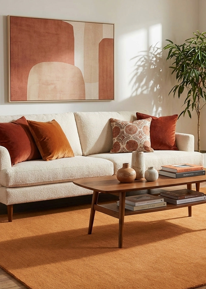 burnt orange wool rug in living room