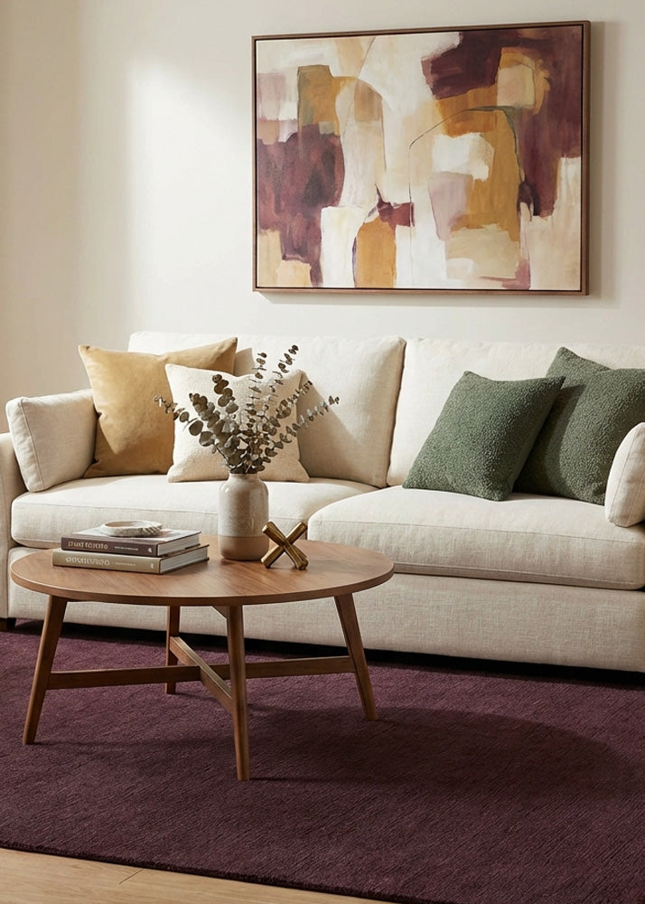 Purple maroon wool rug in living room