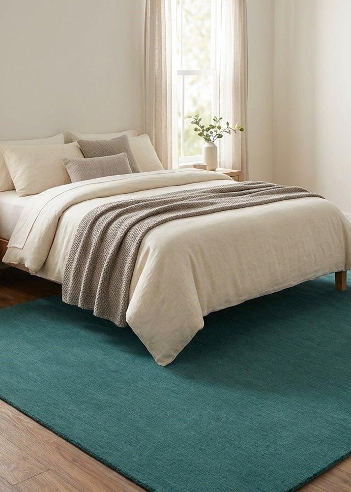 Blue wool rug in modern bedroom