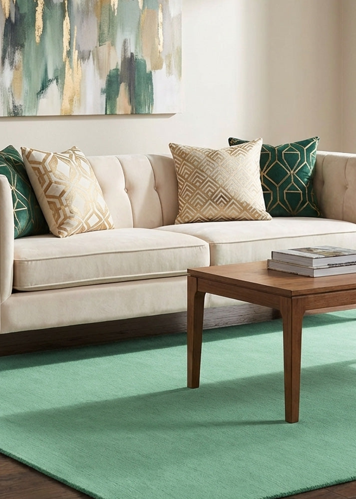 Sea green wool rug in modern living room