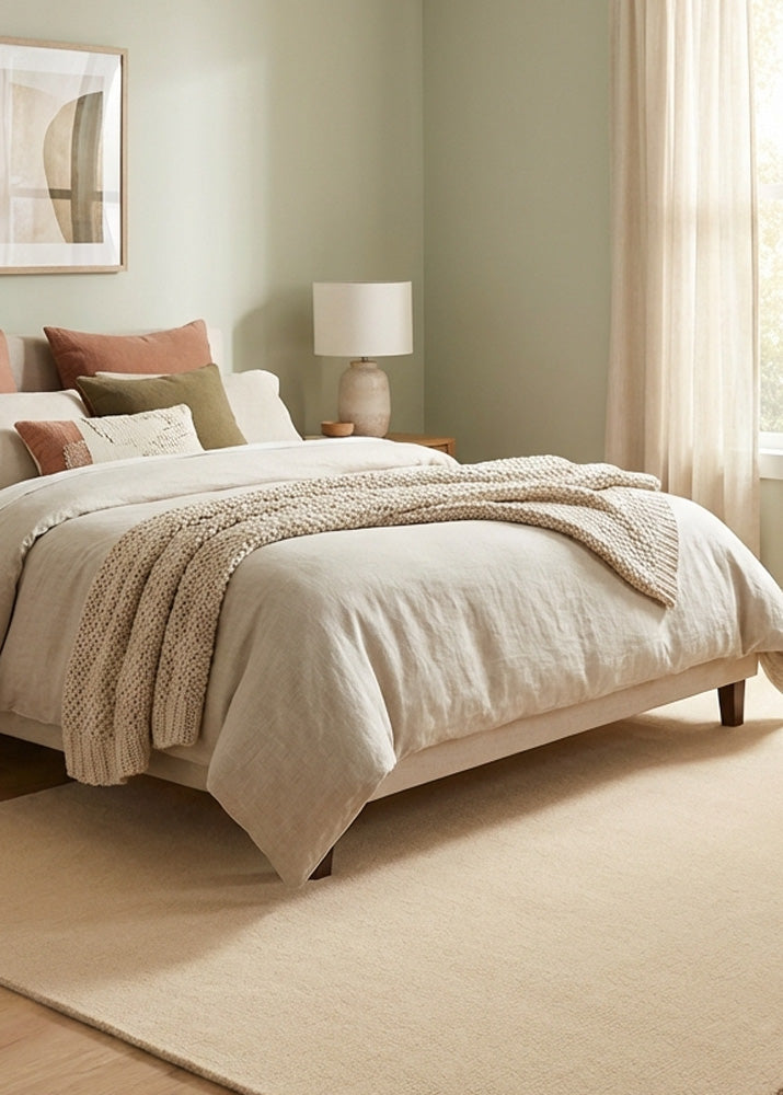 Pale beige wool rug in bedroom