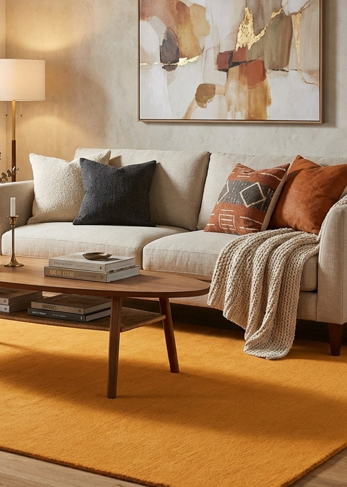 Orange wool rug in living room