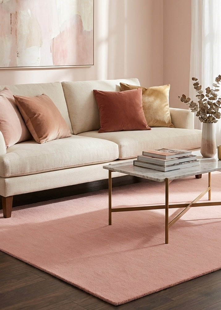 pink wool rug in contemporary living room