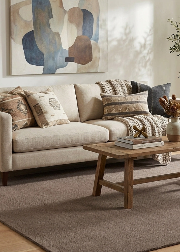 light brown wool rug in living room