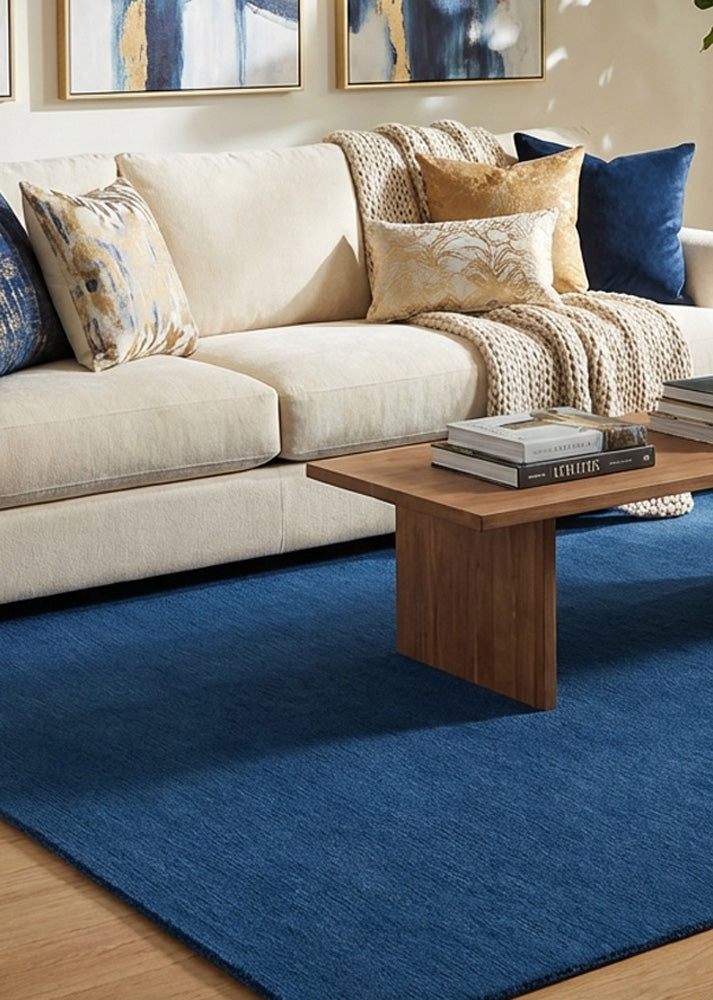 Hand tufted neon blue wool rug in modern living room