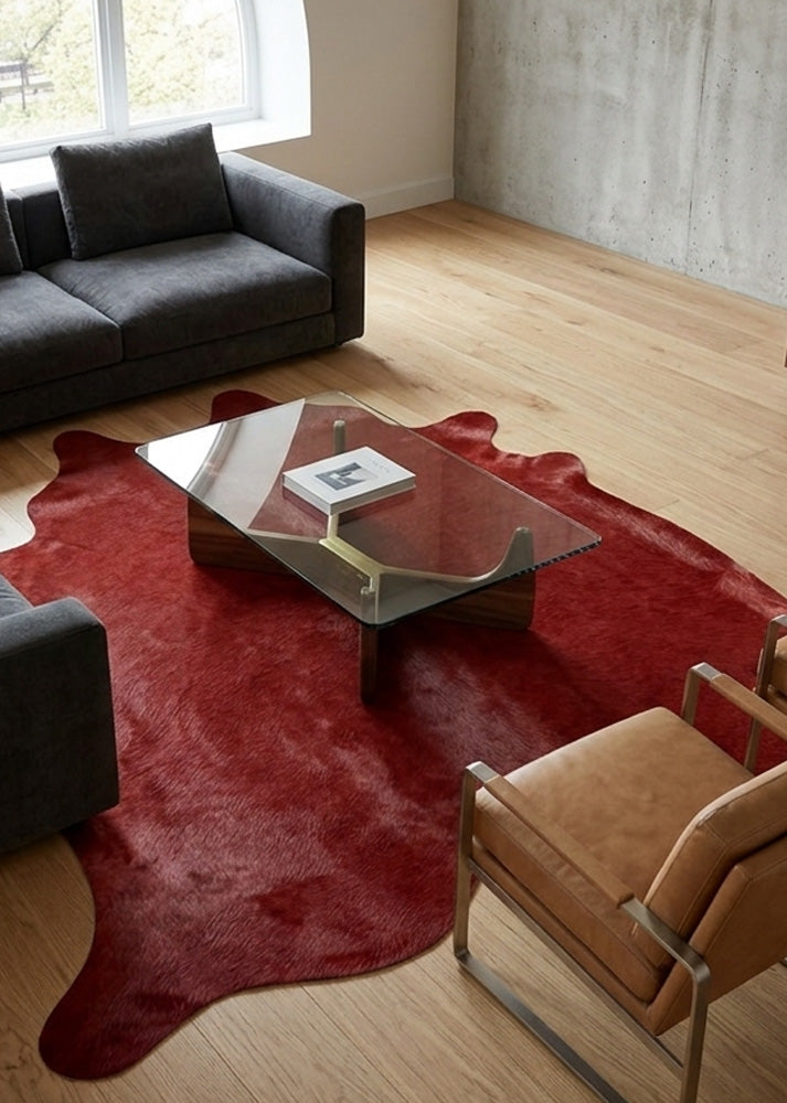 Overdyed red garnet cowhide rug