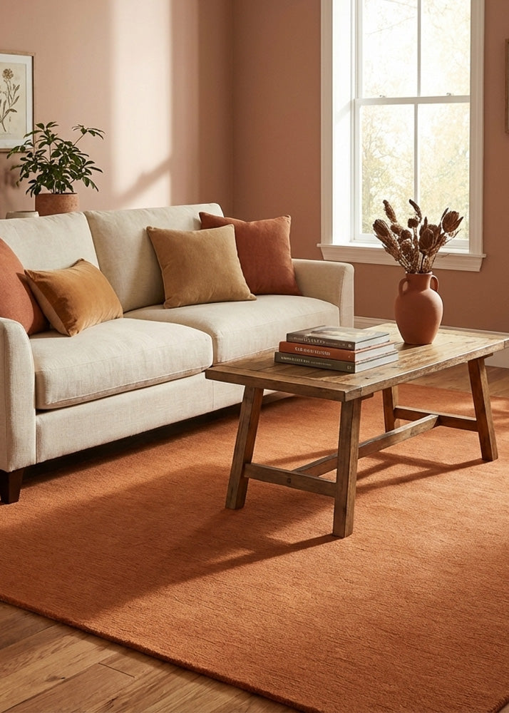 Apricot tufted wool rug in modern living room