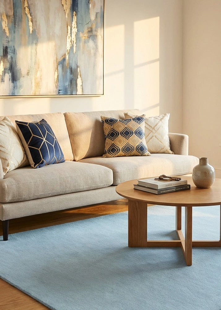 Light blue wool rug in modern living room
