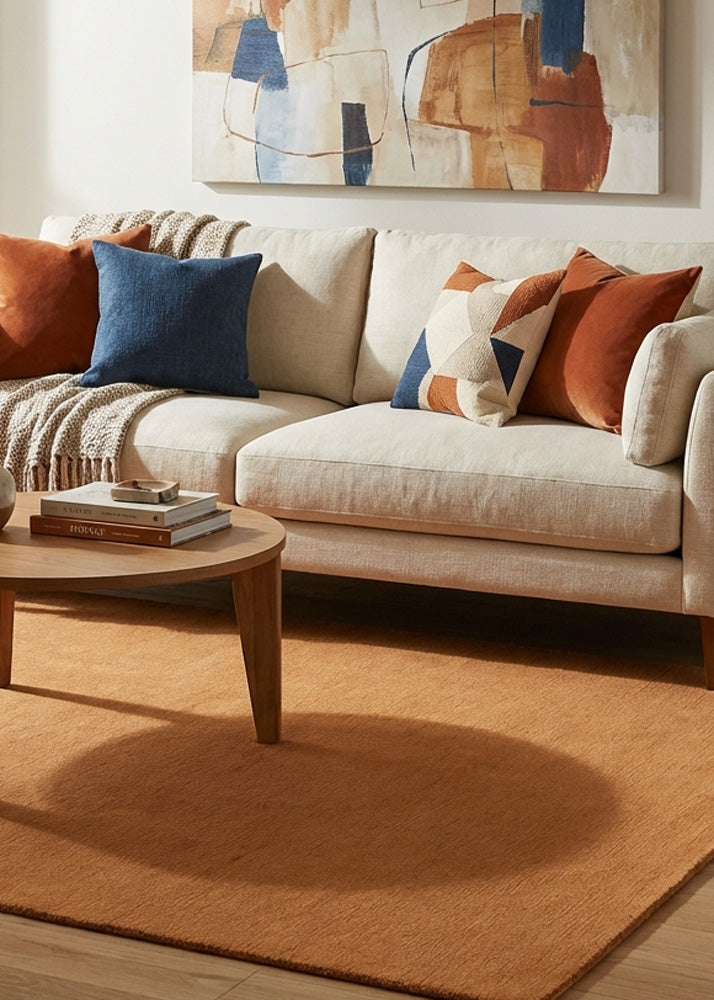 Hand tufted deep orange wool rug in living room