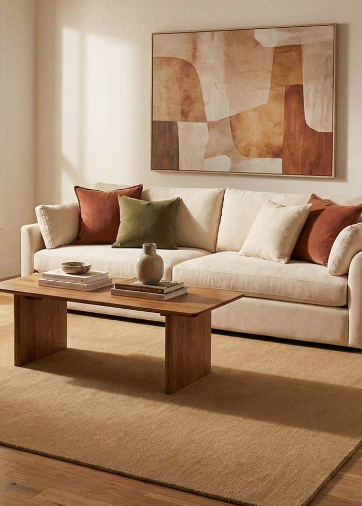 Beige wool rug in living room