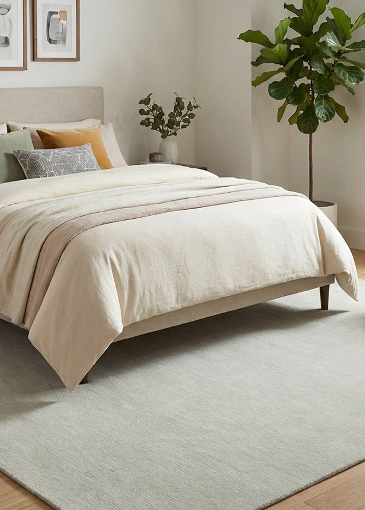 Light grey wool rug in modern bedroom