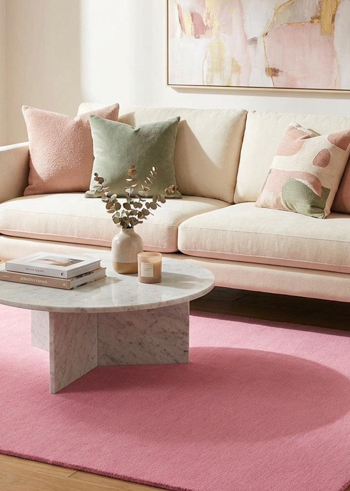 Baby pink wool rug in modern living room