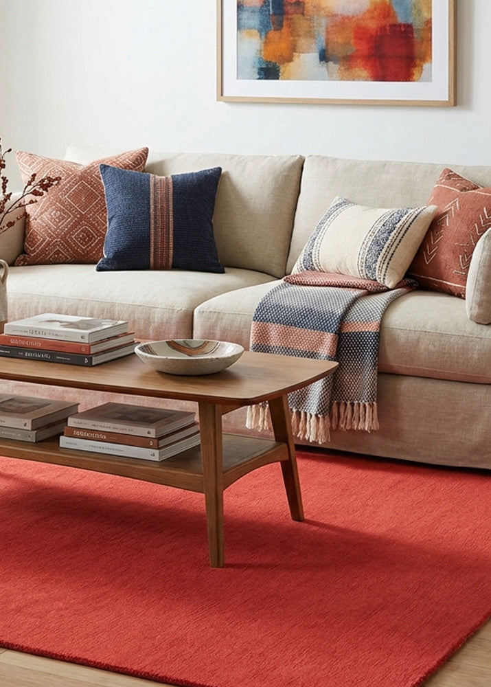 Neon red wool rug in living room