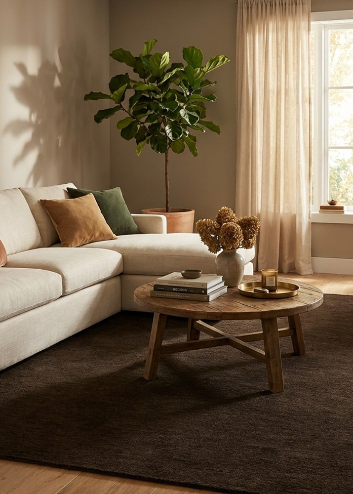 Dark brown wool rug in living room