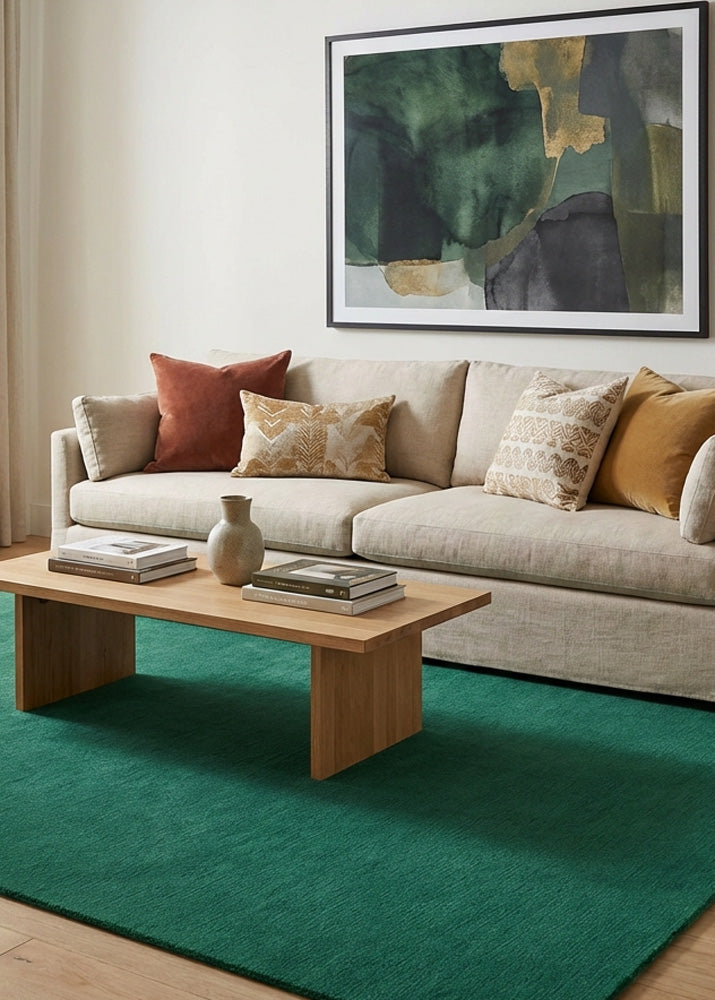 Teel green wool rug in modern living room