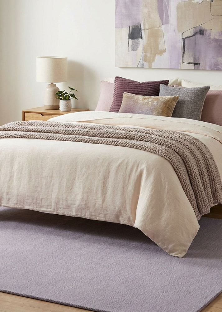 Light purple wool rug in modern bedroom