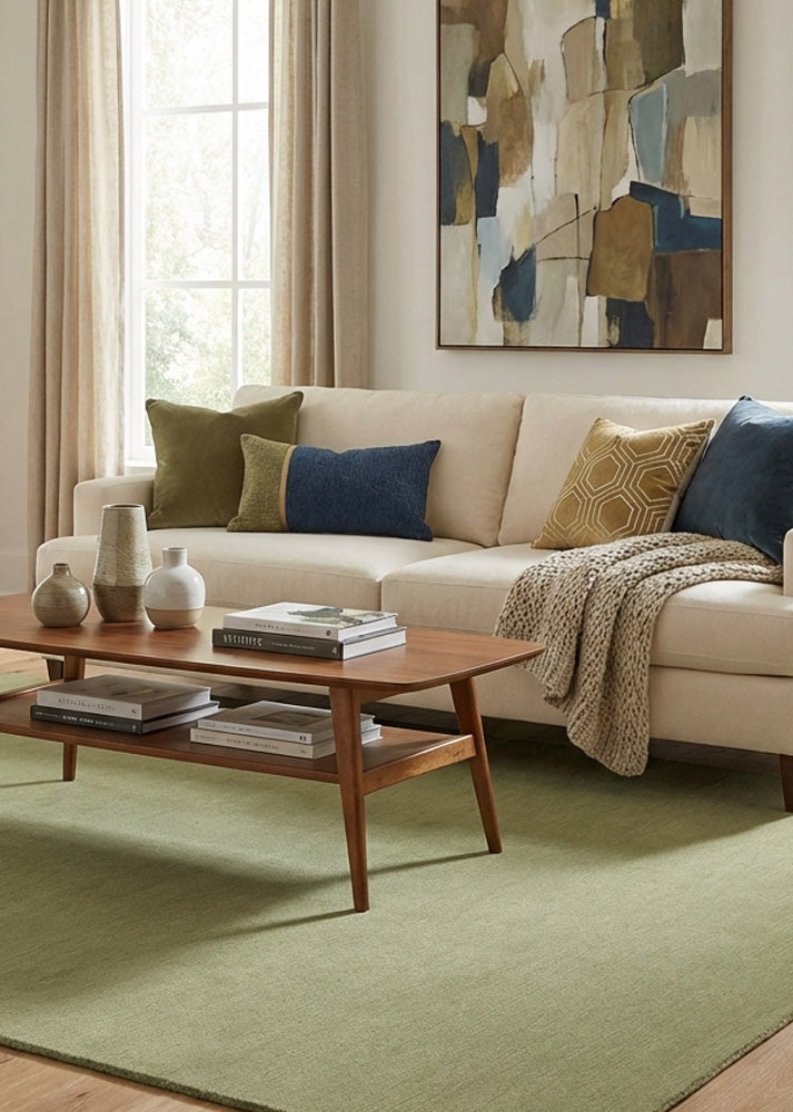 Olive green wool rug in modern living room