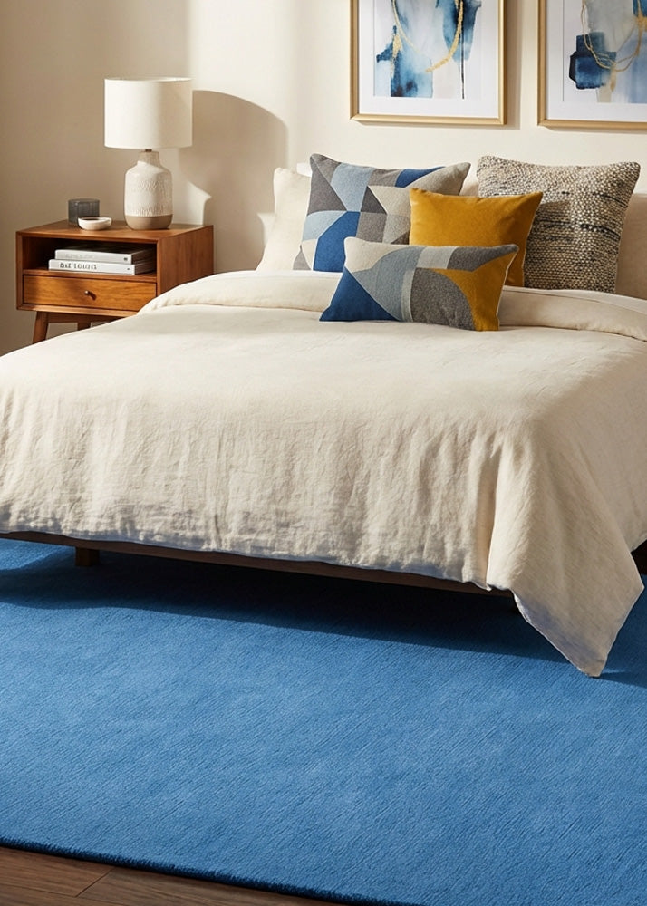 Bright blue wool rug in modern style bedroom